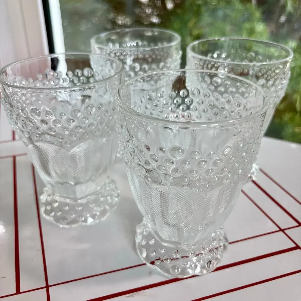 Vintage Gorham Emily’s Attic Clear Glass Tumblers Hobnail Herringbone set of 4